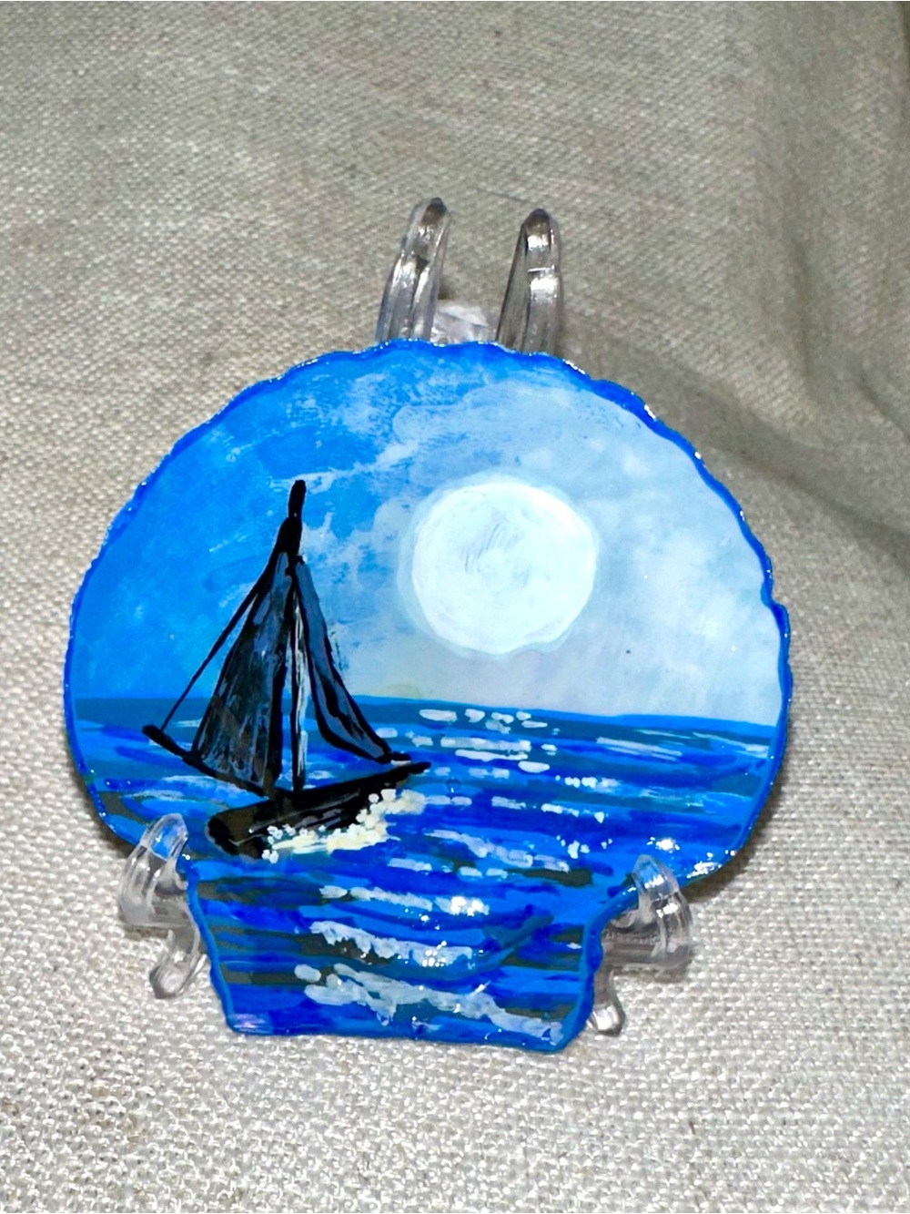 Hand Painted Double Sided Sailboat Shell Art Display Stand Coastal Decor